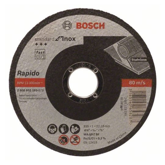 Bosch Darabolótárcsa, egyenes, Standard for Inox – Rapido WA 60 T BF, 115 mm, 22,23 mm, 1,0 mm